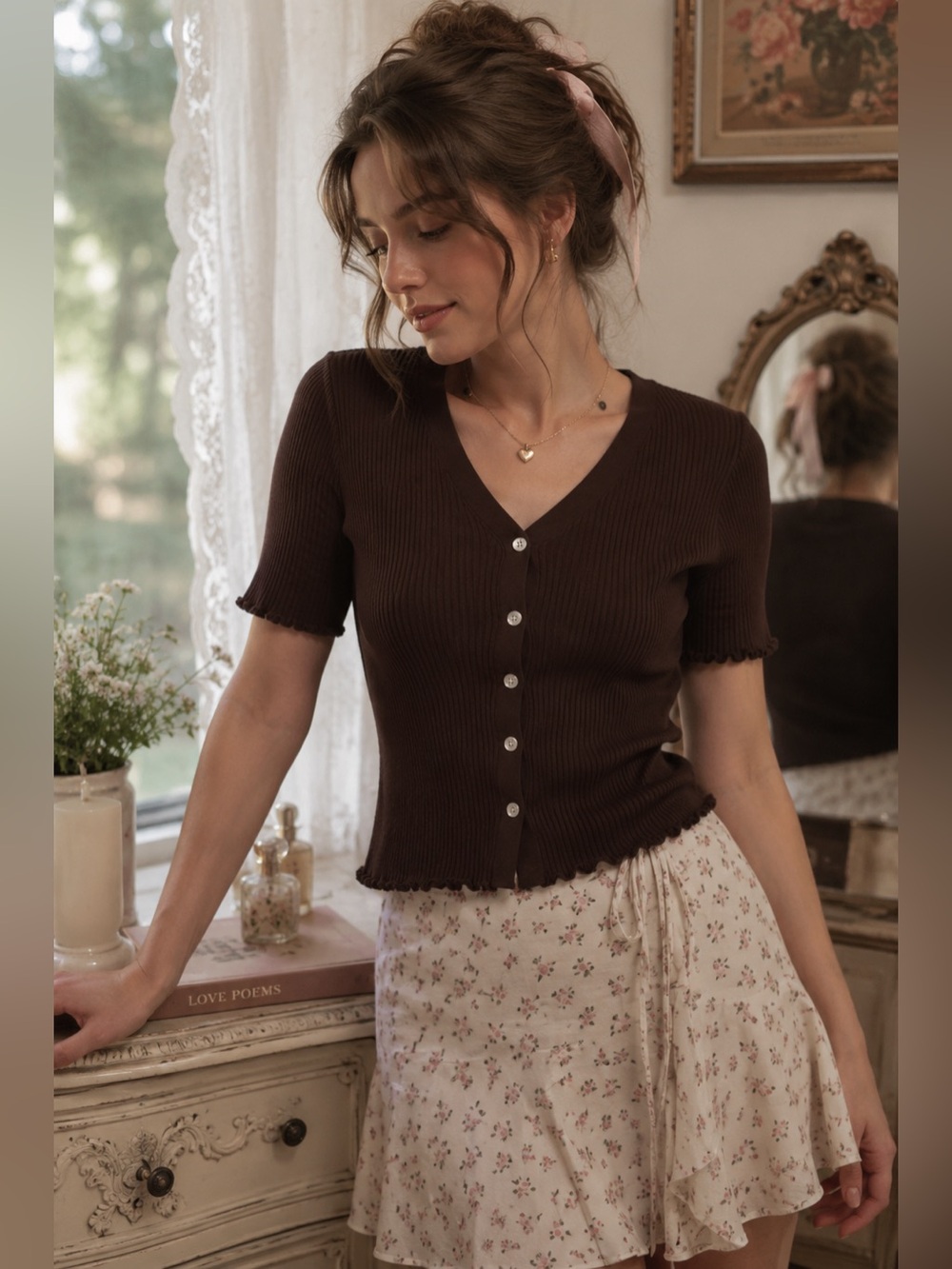 FRNCH Lisianne Ribbed Button-Front Knit Sweater – Chocolate Brown – Women’s M
